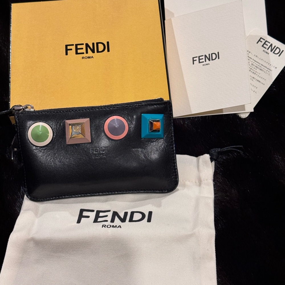 Fendi Black Leather Accessory with Gold and Pink Studs